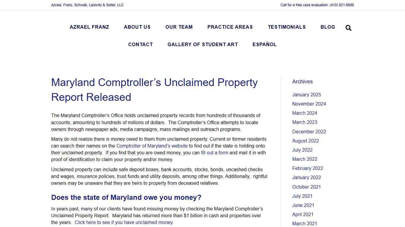 Maryland Comptroller’s Unclaimed Property Report Released | Azrael Franz
