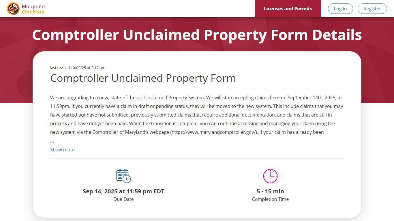 Unclaimed Property Form | Maryland OneStop